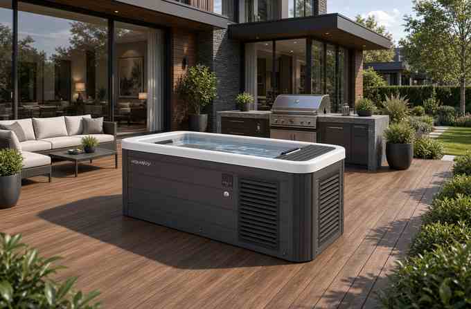 Ледяная ванна Aquajoy All-In Timber у бассейна в саду