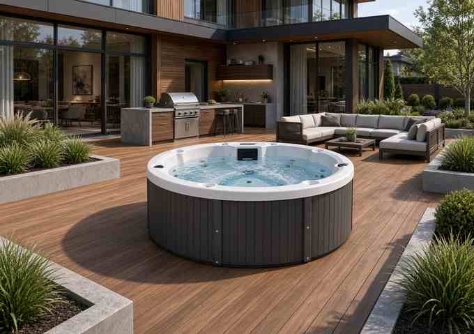 Круглый СПА-бассейн Aquajoy Lagoon на деревянной террасе