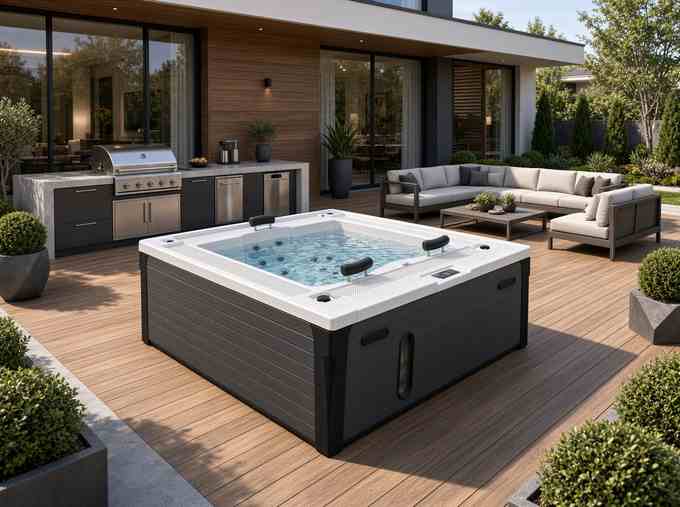 Переливной СПА-бассейн Aquajoy Marmaris на деревянной террасе